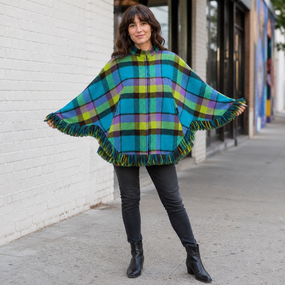 Vintage Lasso Plaid Fringe Poncho Cape Women's M Full Zip Multicolor